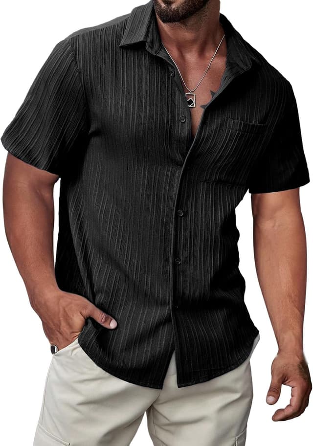 Imagen de JMIERR Men’s Hawaiian Shirt Button-Down Short Sleeve (Textured Casual Summer Beach Linen Look) en OfertitasTOP