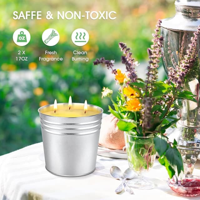 Detalle de Set of 2 Citronella Outdoor Candles (17 oz, Large 3-Wick Soy Wax) with Up to 180 Hours Burn Time