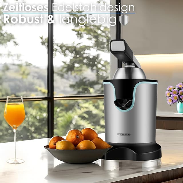 Detalle de Elektrische Saftpresse Zitruspresse 800 Watt mit Longlife-Motor & Edelstahlgehäuse (für Zitronen, Orangen, Limetten, Grapefruit)