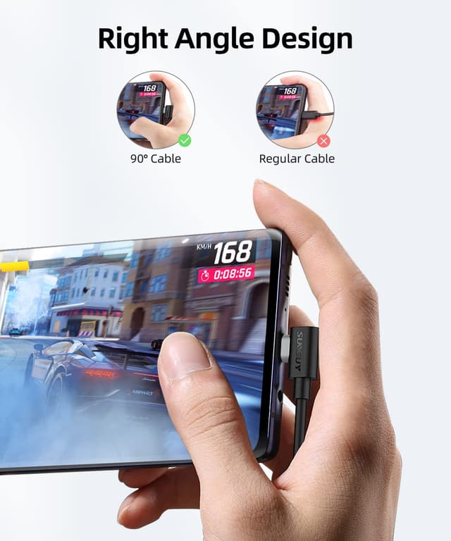 Detalle de SUNGUY câble Micro USB coudé 90° (2 pièces, 0,15 m, 3 A) pour charge et transferts USB 2.0