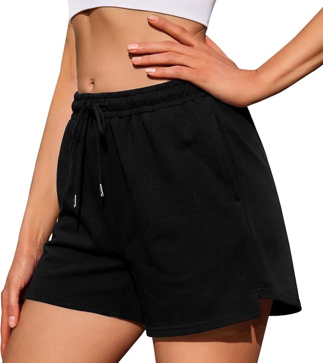 Detalle de Litherday Shorts de sport femme en coton élastique à taille réglable et poches – Noir XL