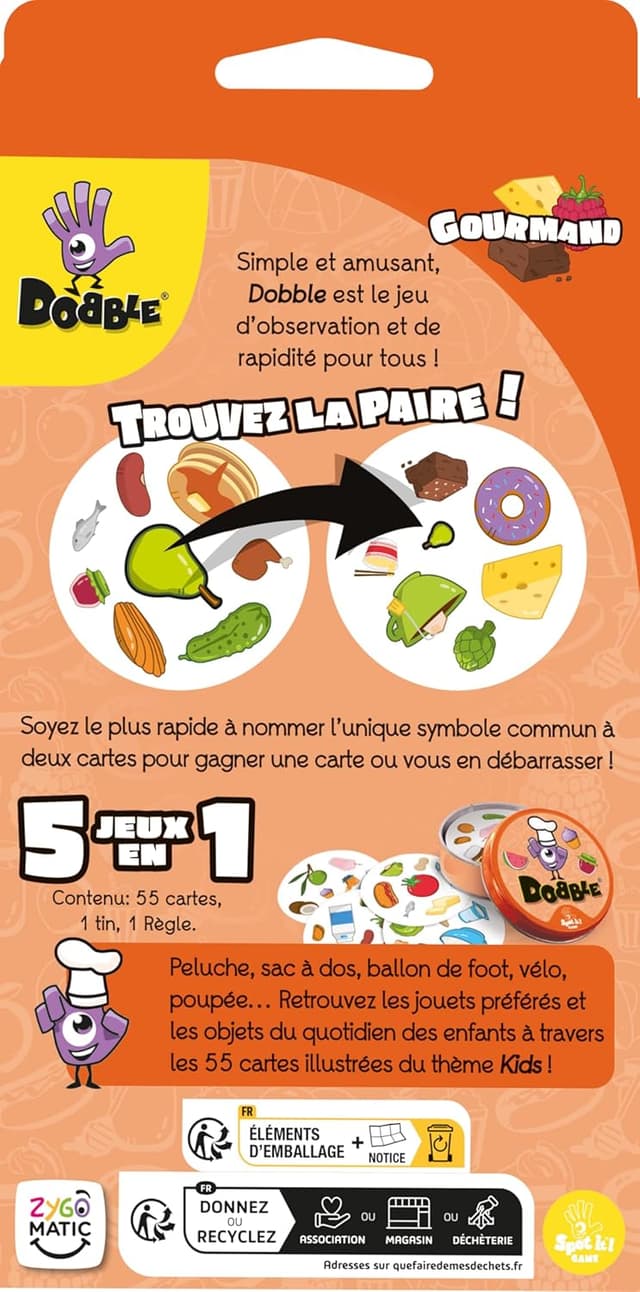 Detalle de Dobble Zygomatic Gourmandise – Gioco da tavolo francese (da 4 anni), 2–5 giocatori, circa 10 minuti
