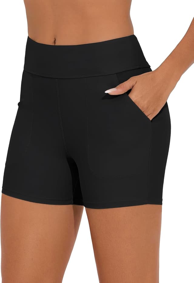 Detalle de Bonneuitbebe High-Waisted Women’s Swim Shorts with Pockets & Built-In Brief