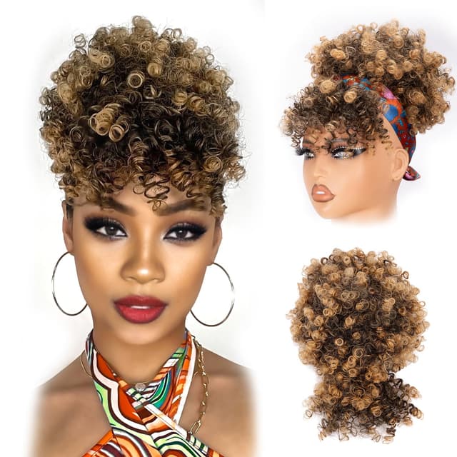 Detalle de Builson Drawstring Ponytail for Black Women (Afro Puff Kinky Curly) with Bangs, Natural Black/Blond (T27)