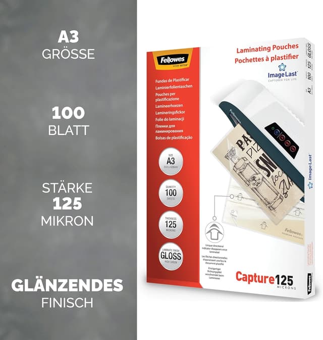 Detalle 2 de Fellowes Laminierfolien A3 ImageLast, 125 Mikron – transparent (100 Stück) mit Ausrichtungshilfe