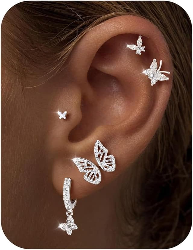 Detalle de TINGN 6 Paar Schmetterling Ohrringe-Set für Damen (Chirurgenstahl, vergoldet) – für mehrere Ohrlöcher & verschiedene Piercings