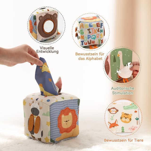 Detalle de WOODEN TEETHER Tissue Box Montessori Motorikspielzeug mit Spiegel – Sensorik-Lernspiel für Babys (ca. 6–12 Monate)