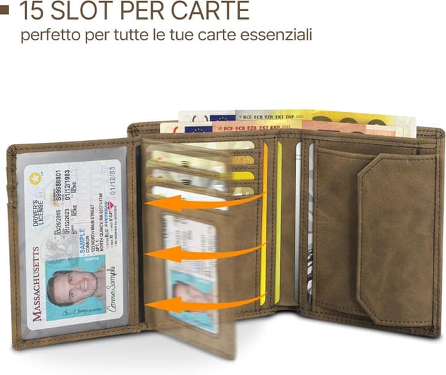 Detalle 2 de TENBST portafoglio uomo RFID in pelle con 13 porta carte, finestra ID e portamonete