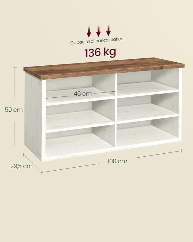 Detalle de VASAGLE Panca scarpiera LSB036W02 con 6 scomparti e 6 ripiani regolabili, 100 cm, bianco vintage e marrone miele
