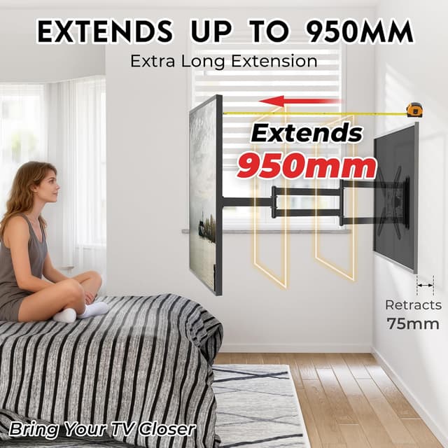 Detalle de BONTEC Full Motion TV Wall Bracket for 26–65" with 950mm Extension, Corner Swivel & Tilt (Universal VESA 400×400, 35kg)