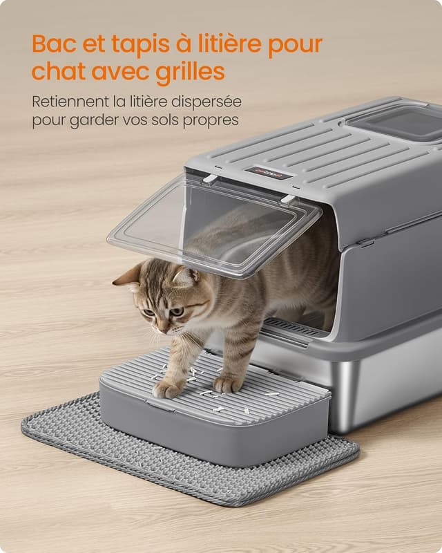 Thumbnail 6 de Feandrea PPT007GN01 – bac à litière en acier inoxydable avec couvercle, pelle, tapis et 2 entrées (jusqu’à 15 kg), gris tourterelle