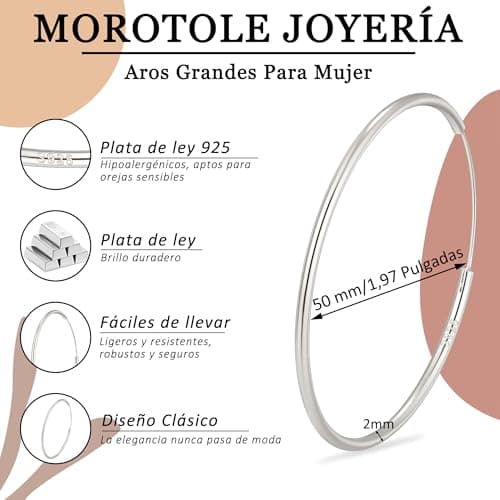 Detalle de MOROTOLE Pendientes de aro en plata de ley 925 grandes para mujer