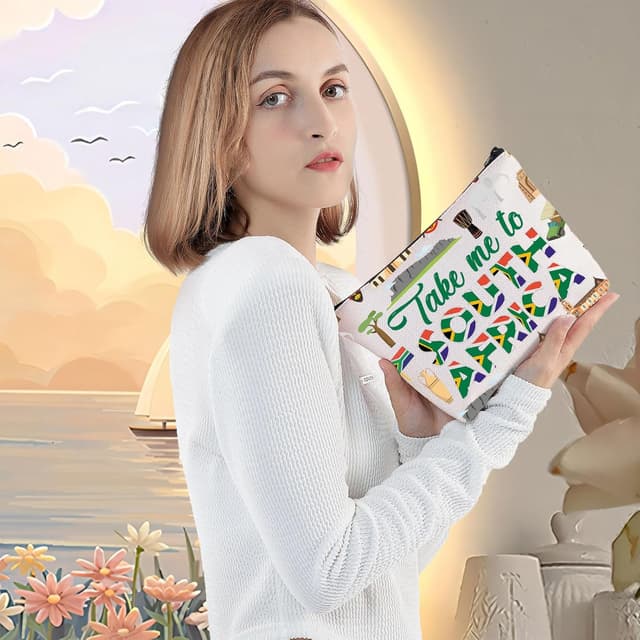 Detalle de LEVLO South Africa Symbols Travel Cosmetic Bag (Cotton Canvas 23cm x 17cm) – Zip Pouch Makeup Bag