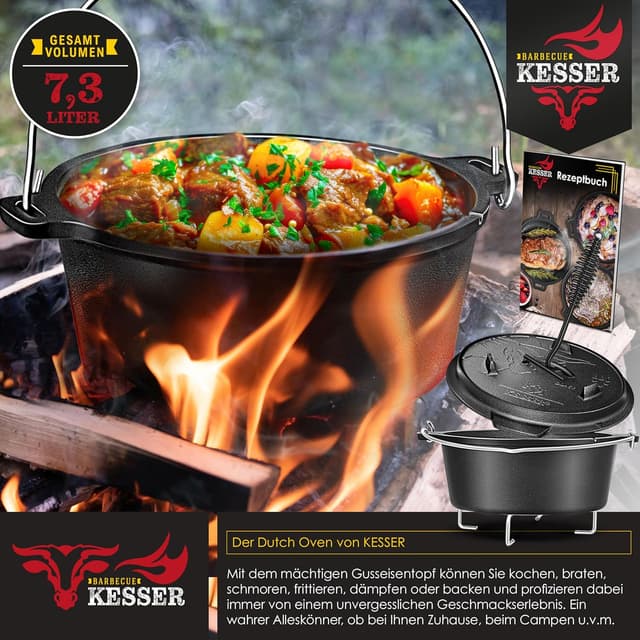 Detalle de KESSER® Dutch Oven Set BBQ 7,3 Liter – Schmortopf & Feuertopf aus Gusseisen mit Edelstahleruntersetzer