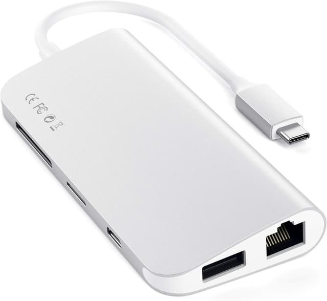Detalle de SATECHI USB-C Multimedia Adapter Hub mit 4K HDMI, Mini DisplayPort und 60W PD-Ladefunktion (Ethernet, USB 3.0, Micro/SD) – Silber