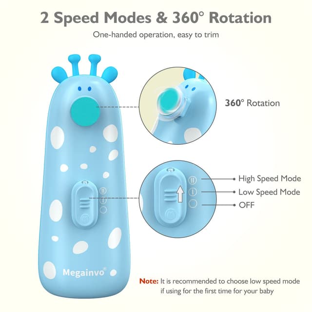 Detalle 2 de Megainvo Baby Elektrische Nagelfeile (Nagelpflegeset) mit Schleifköpfen, Licht & einstellbarer Geschwindigkeit