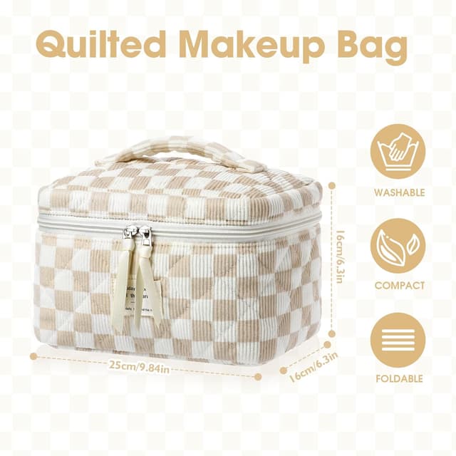 Detalle 2 de BuyCard Kosmetiktasche 3er-Set aus Cord (Khaki Check) – Kulturbeutel Damen für Reise & Alltag