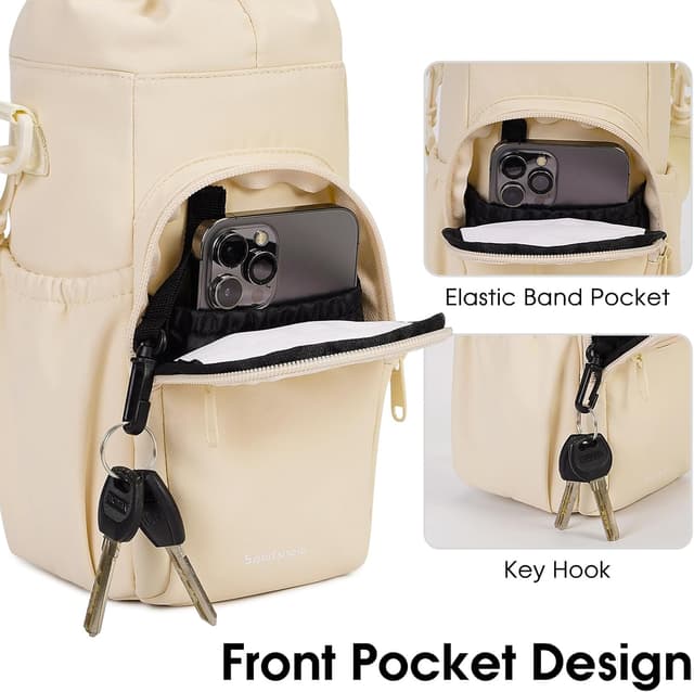 Detalle de Sportsnew insulated water bottle carrier sling bag with phone pocket, 1L capacity, pure beige