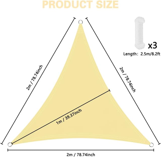 Detalle 2 de OFFCUP Sun Shade Sail 2x2x2m (160gsm) waterproof triangular canopy with 90% UV block and rope – Beige