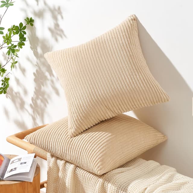 Detalle 2 de Topfinel 2er-Set Kissenbezüge 40x40 aus Kordsamt (Khaki) – mit verstecktem Reißverschluss