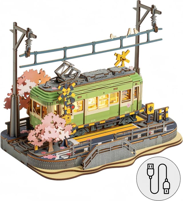 Detalle de ROWOOD Puzzle 3D en bois Sakura Journey – maquette de tramway japonaise avec éclairage LED