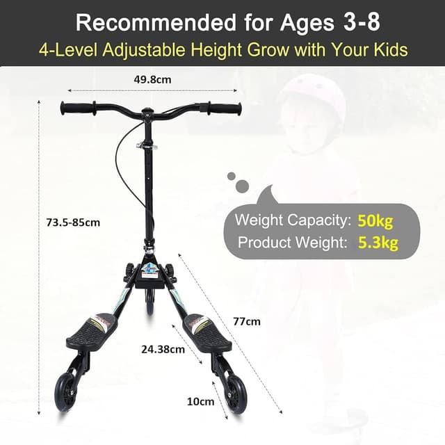 Detalle de AOODIL Swing Kinder-Scooter mit 3 Rädern, faltbar, LED-Blinkräder und höhenverstellbarem Lenker (76–84 cm)