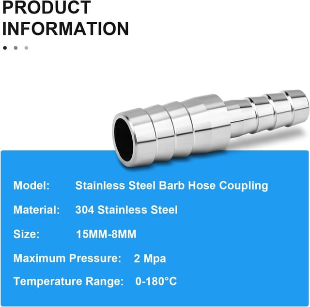 Detalle de ERGAOBOY 5-Pack 304 Stainless Steel Hose Barb Adapter (15mm to 8mm) for Water, Air & Fluid Connections