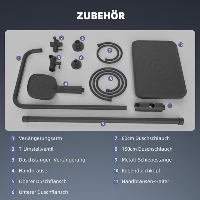 Thumbnail 6 de Hibbent selbstreinigender Regenduschkopf-Set mit Edelstahl-Duschstange, 4-Wege Handbrause – höhenverstellbar, schwarz