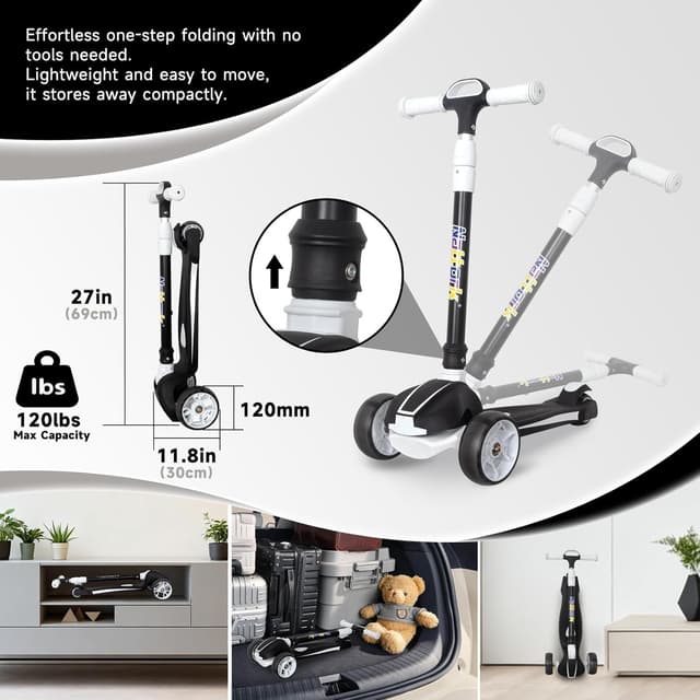 Thumbnail 6 de Nattork Kids Scooter for Age 3-8 (4 Adjustable Height, Light-Up 3-Wheel, 120 lb Capacity)