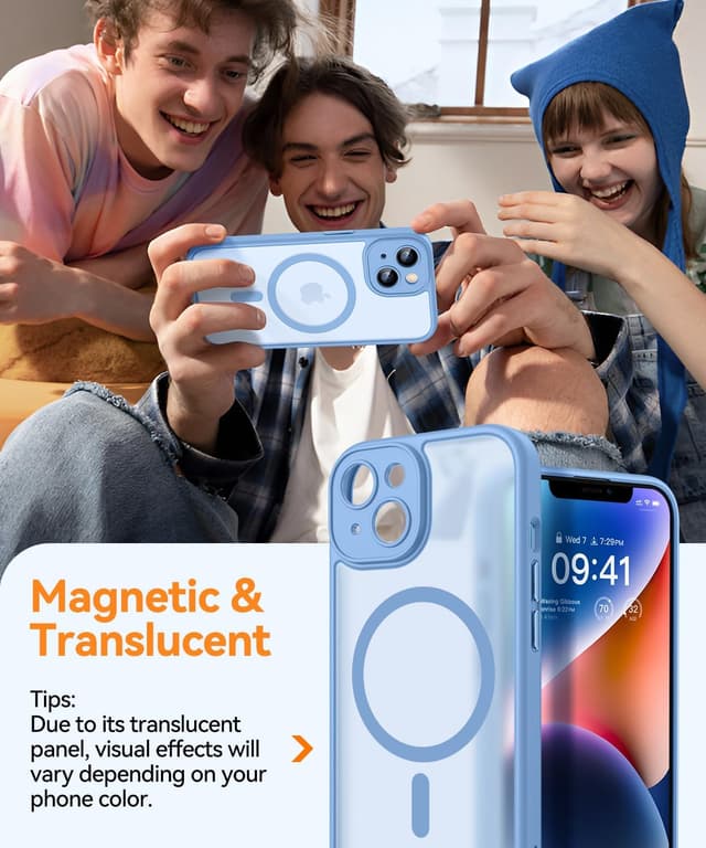 Detalle de CANSHN Magnetic iPhone 14 Case (6.1-inch) with Full Camera Protection and MagSafe Compatibility – Light Blue