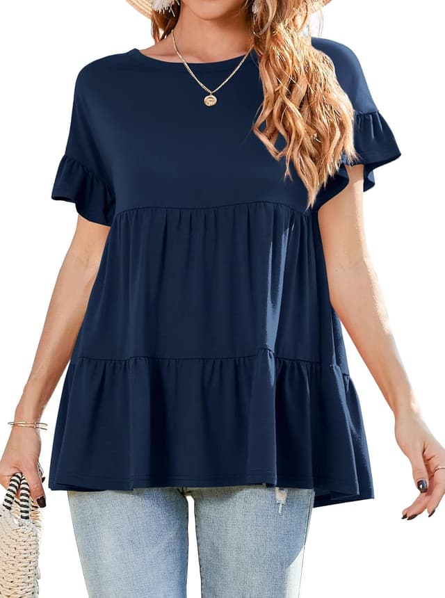 Detalle de Neineiwu Damen Rundhals-T-Shirt mit Rüschensaum, kurzarm Sommerbluse (S–XXL)