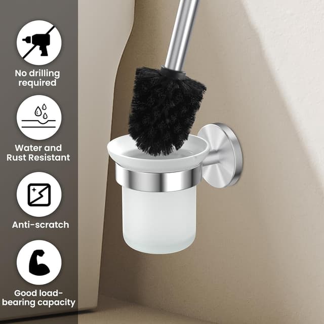 Detalle de Dailyart WC-Klobürste mit Halter (ohne Bohren), Edelstahl & Glas – 2er Pack inkl. Ersatzbürste