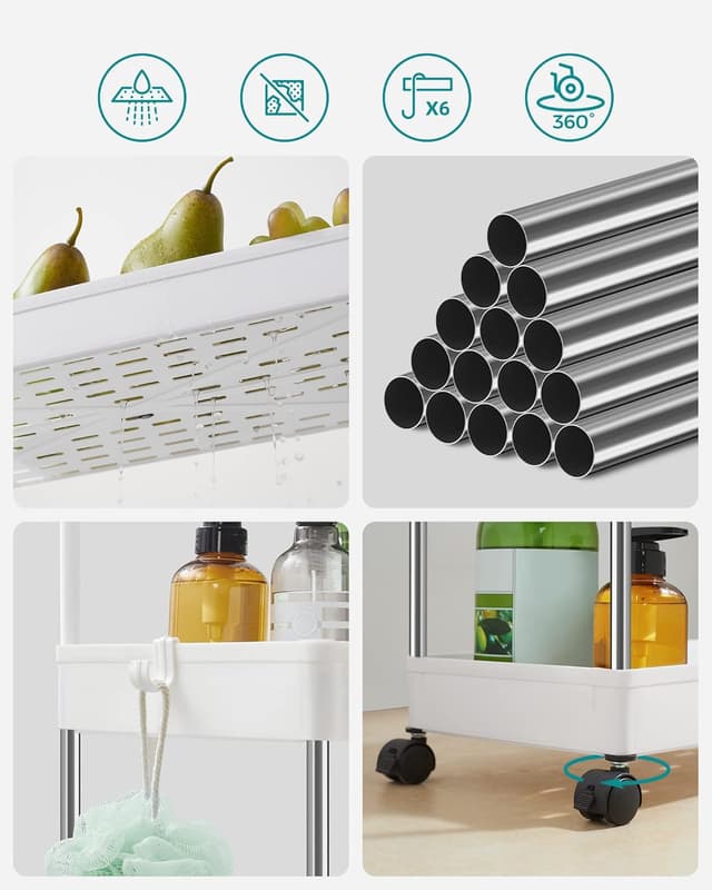 Detalle 2 de SONGMICS KSC019W01 carrello portaoggetti a 3 ripiani bianco con ruote e 6 ganci removibili