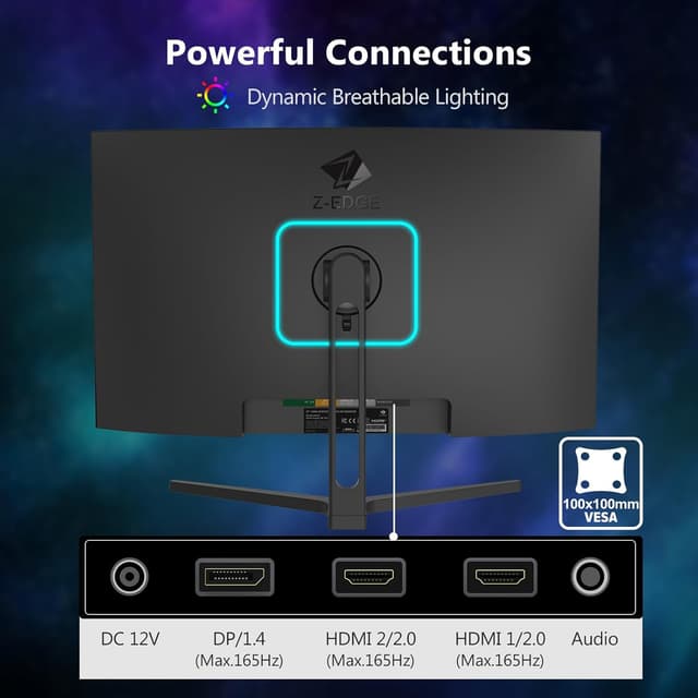 Detalle de Z-Edge 27-Zoll Curved Gaming Monitor (165 Hz, 1 ms MPRT, FreeSync, HDR10, VA, 1500R) – UG27F mit DisplayPort 1.4 & HDMI 2.0