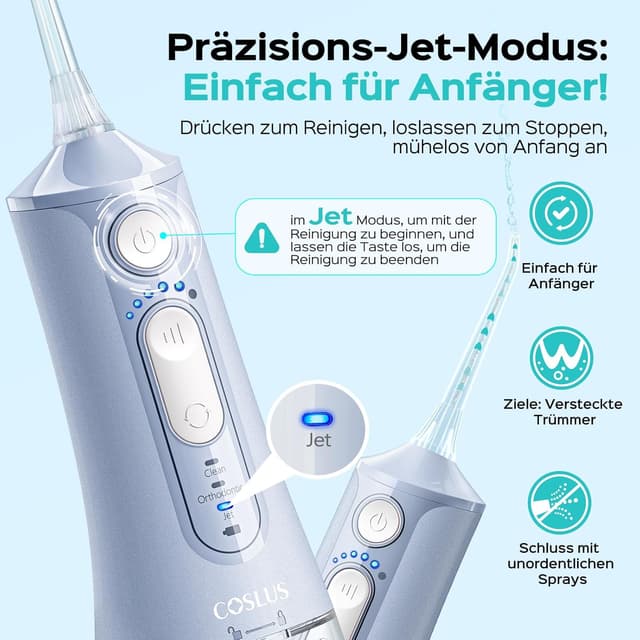 Detalle de COSLUS C51 Munddusche kabellos mit 3 Modi und 6 Druckeinstellungen (300 ml) – blau