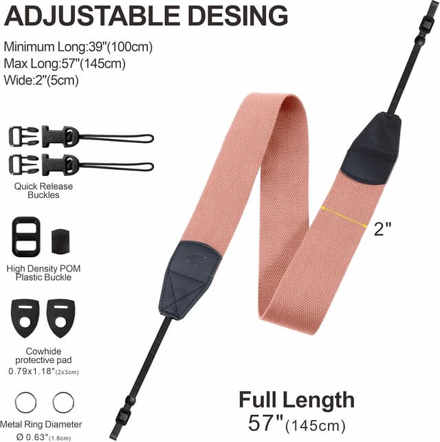 Detalle de Padwa Lifestyle Pink Camera Strap (2 inch) — cowhide head & woven cotton camera & binocular strap