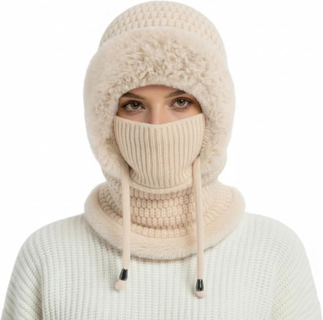 Detalle de DRESHOW Women’s winter knit balaclava beanie with drawstring hood scarf – 3-in-1 cold-weather hat