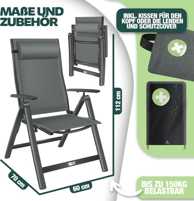 Detalle de KESSER Gartenstuhl Hochlehner mit Armlehnen – Aluminium Klappstuhl mit Kopfkissen, Abdeckung & 7-fach verstellbarer Rückenlehne