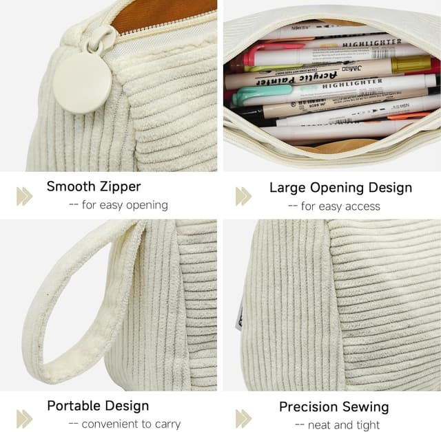 Detalle de Boziee Cord-Stoff Federmäppchen mit Doppel-Reißverschluss (Beige) – für Schule & Büro