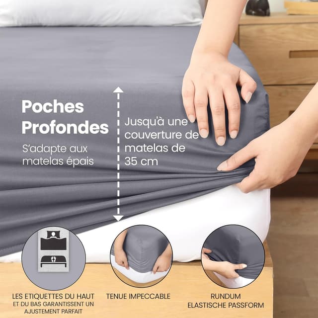 Detalle de Utopia Bedding Drap-housse gris 180 x 200 cm – Oeko-Tex, bonnets 35 cm, microfibre brossée