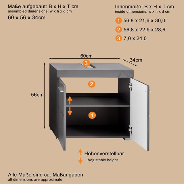 Detalle de trendteam smart living Amanda Waschbeckenunterschrank in Agave Grau Hochglanz (60 x 56 x 34 cm)