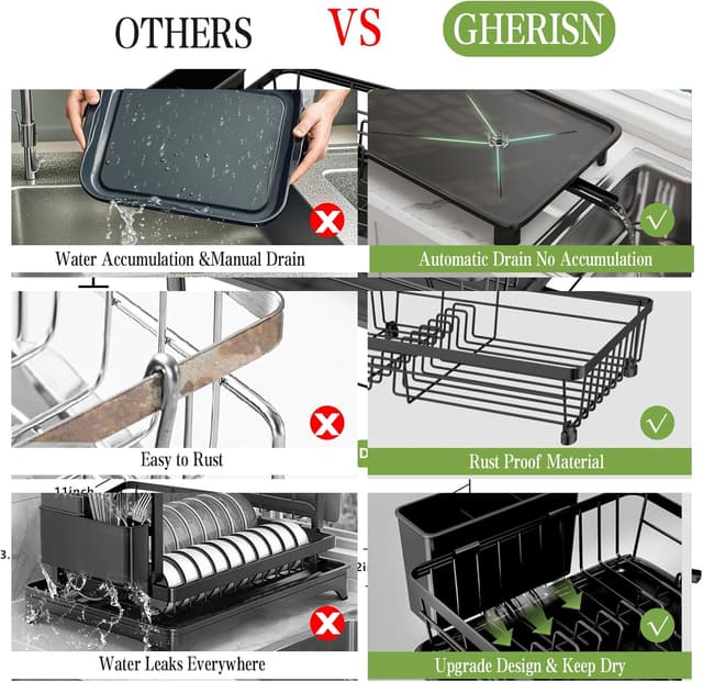 Detalle de GHERISN Dish Drainer Rack with Drip Tray – Stainless Steel sink dish drying rack (black)