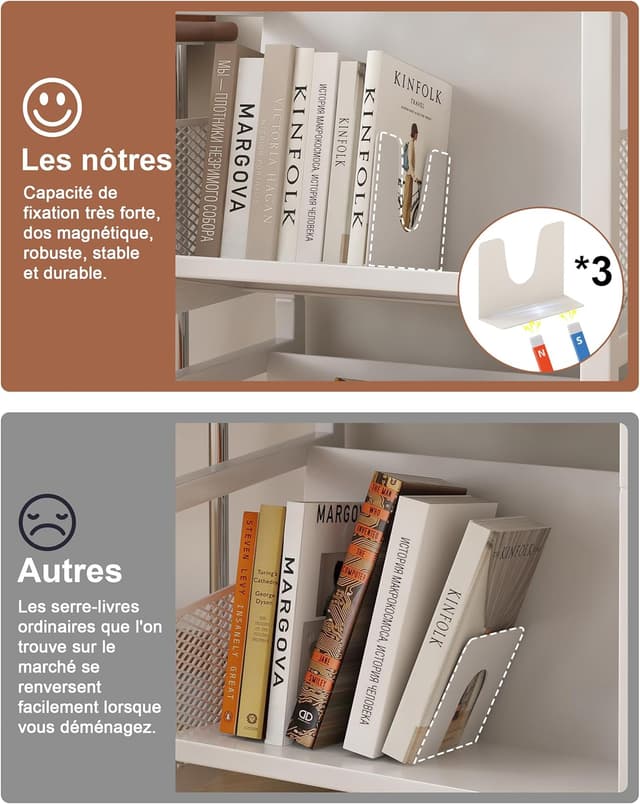 Detalle de Chariot Livre Bibliothèque à roulettes avec 3 étagères mobiles (capacité 70 kg) et serre-livres magnétiques