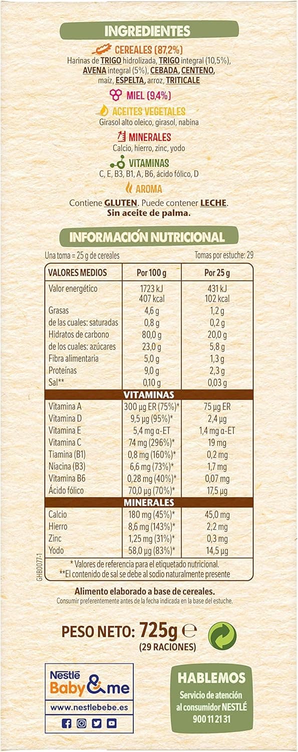 Detalle 2 de Nestlé Papilla 8 Cereales con Miel, Pack 8x725g 🍯