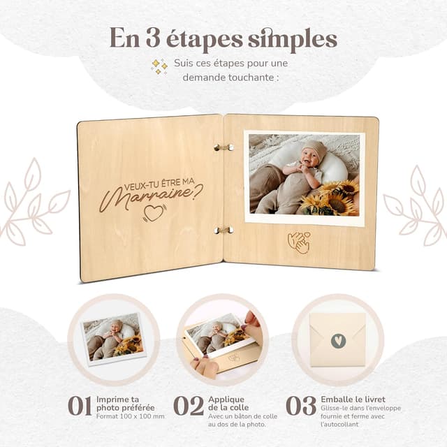 Detalle de Demande marraine & demande parrain en bois avec enveloppe et photo bébé