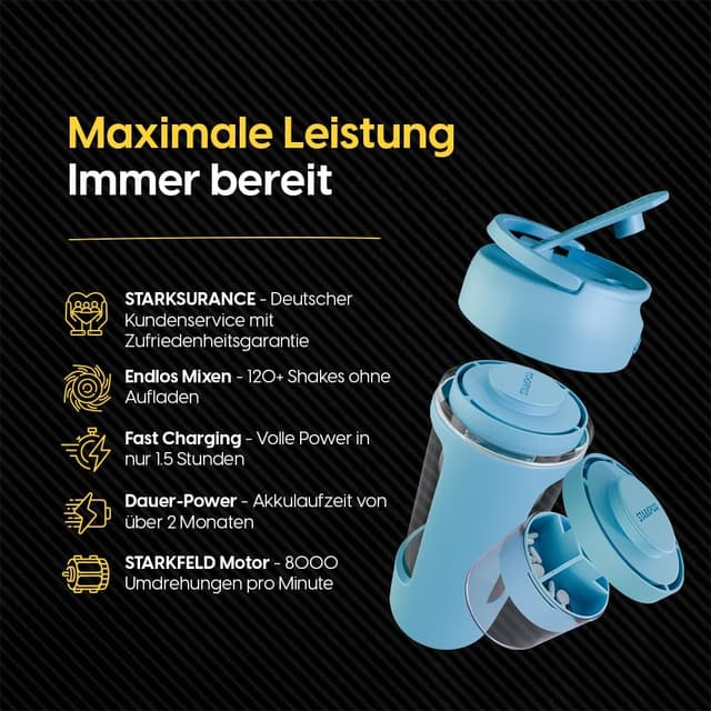 Detalle de STARKSHAKE® V4 – elektrischer Protein-Shaker mit USB‑C, 8.000 UPM und STARKPOD (blau)