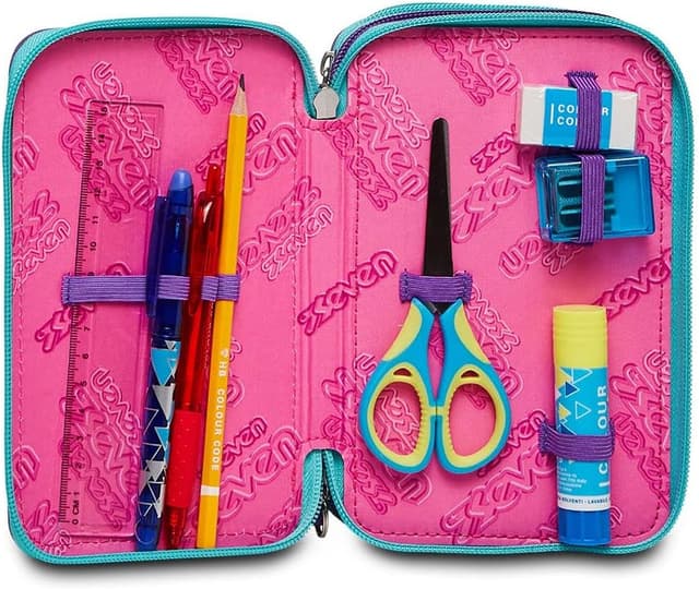 Detalle de Astuccio Seven Astuccio 3 Zip Trendy heart girl Viola con 44 pezzi e portapenne triplo scomparto