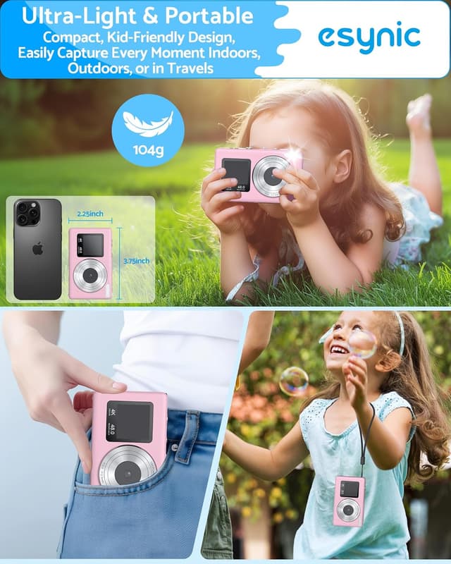 Detalle de eSynic Digital Compact Camera 4K 48MP with Dual Screens, 18X Zoom and LED Fill Light (Pink) + 32G SD Card