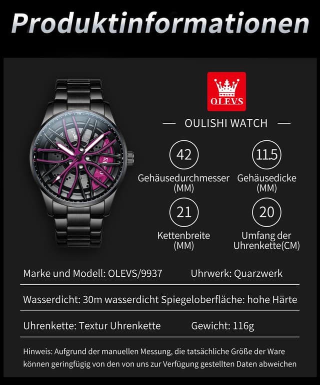 Detalle de OLEVS Herrenuhr aus Edelstahl mit Skelett-Zifferblatt, analogem Quarzwerk und 3-ATM-Wasserschutz