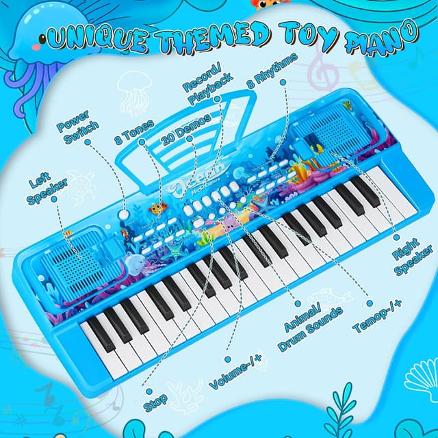 Detalle de 37 Key Upgrade Kids Piano Keyboard with Microphone (Ocean Blue) – Portable Electronic Toy for Ages 3–5 and up